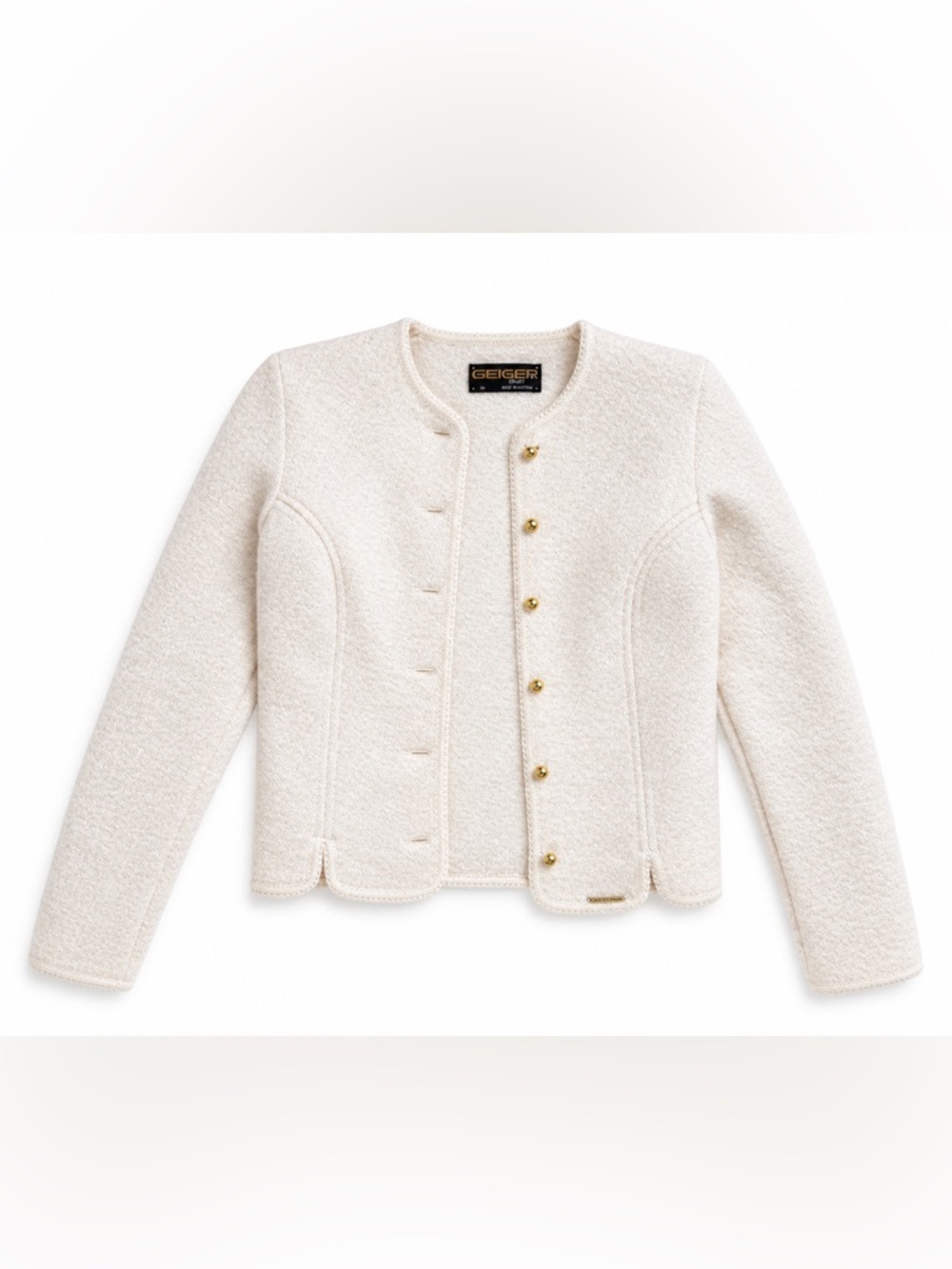 Vintage Geiger Austria Cream Boiled Wool Jacket Cardigan Gold Buttons 34 XS